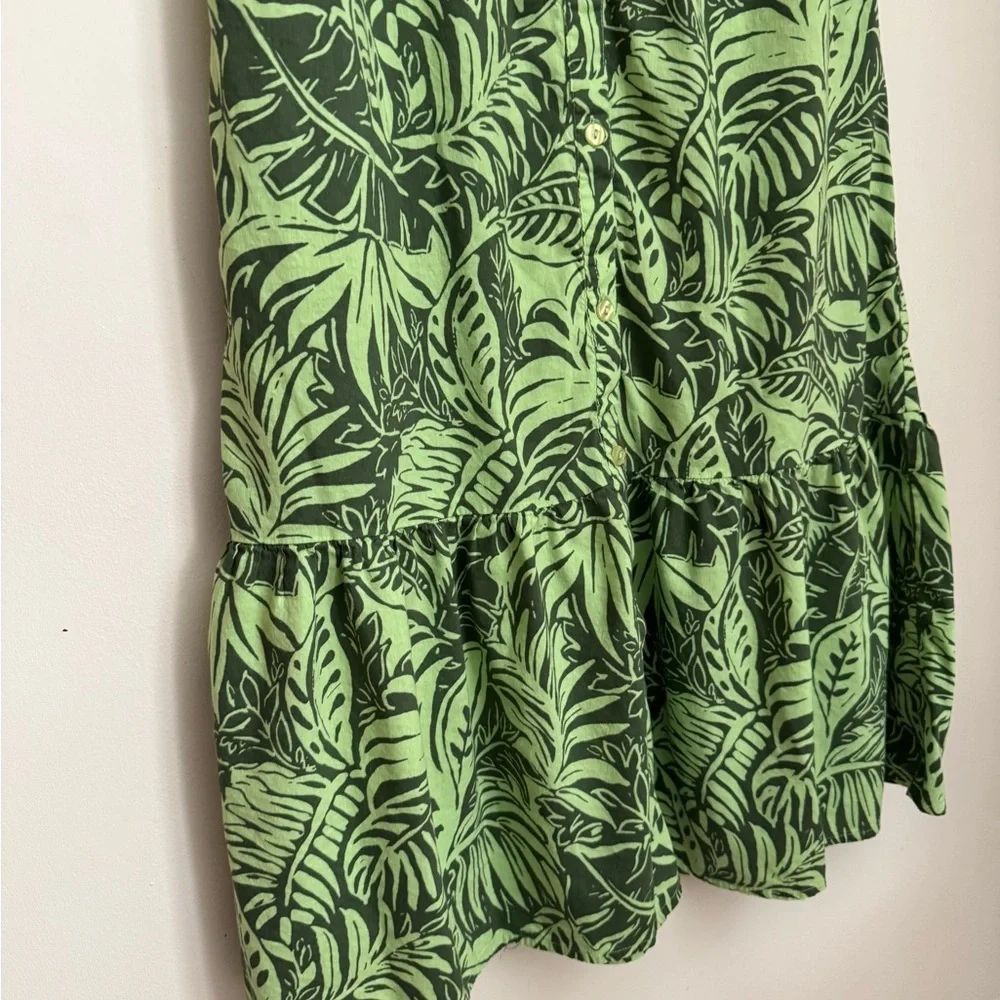 Appleseed’s Tropical Green Leaf Print Button Front Midi Dress Women’s Size 8